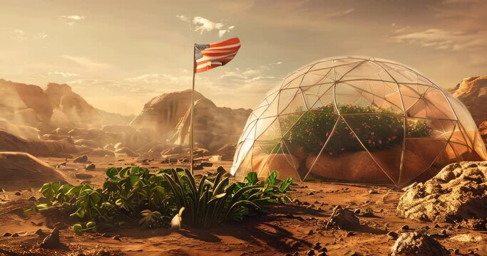 Dome on Mars with lush garden and flag emblem, representing progress in Mars colonization and sustainable living