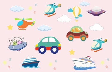 Kid Air Pland,  helicopter,Car,Ship doodle cartoon Seamless Pattern Background