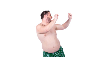 Funny fat man. Diet and healthy lifestyle. White background.