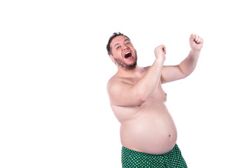 Obraz premium Funny fat man. Diet and healthy lifestyle. White background.