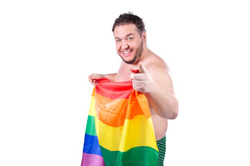 Funny fat man with a gay flag. White background.