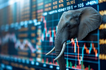A digital composite image blending an elephant with dynamic stock market data charts as background