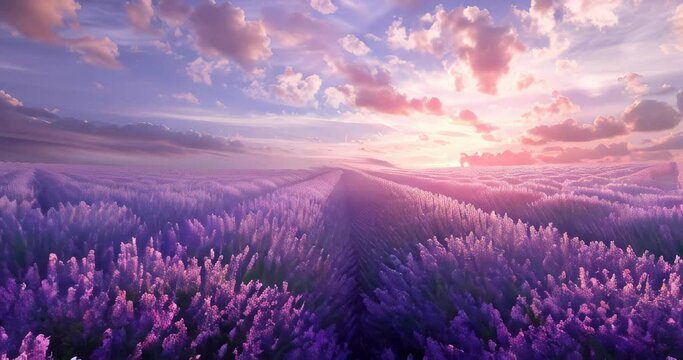 Beautiful 3D lavender fields in full bloom extending towards a distant horizon. 3D landscape terrain