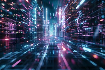 Fototapeta premium A dark background with neon blue and purple lights illuminating the space, creating an atmosphere of futuristic technology and digital worlds 