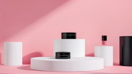 Branding and packaging mockup of makeup products on white podiums against pink pastel backdrop
