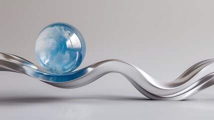 Elegant Silver Wavy Line with Blue Glass Ball in a Minimalistic 3D Render, Perfect for Abstract Wallpaper and Backgrounds