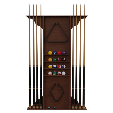 3d render pool accessories on wall rack with transparent background