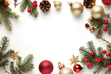 Christmas, New Year card with free space for text. Design for holiday leaflet, invitation, flyer. White background with Christmas tree decorations, pine cones and fir branches.