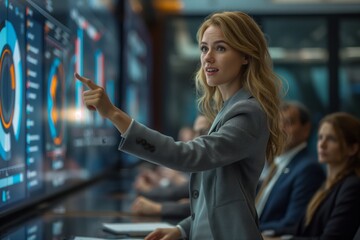 A female business analyst in a grey suit presents graphical data on a digital display to colleagues