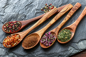 A row of wooden spoons with various spices on them.