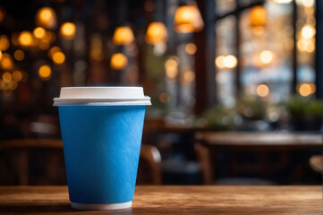 Blue coffee cup on wooden table in cafe at night