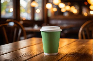 Green coffee cup on wooden table in a cafe at night