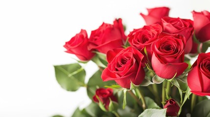 A stunning red rose bouquet stands out against a crisp white background