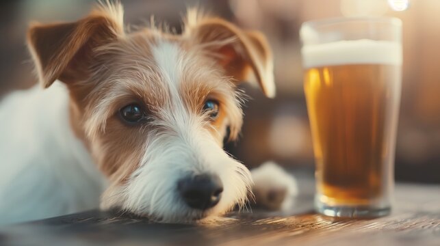 Adorable dog resting its head on a table with a frothy glass of beer beside it, capturing a cozy and relaxed moment in a warm, inviting setting.