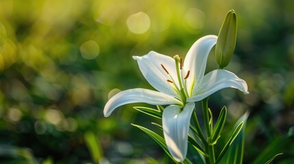 Fototapeta premium White lily flower in garden close up