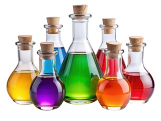 Colorful Glass Potion Bottles Collection featuring various shapes and sizes. Isolated on transparent background, png.