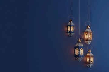 Obraz premium 3D rendering of hanging lanterns for Ramadan Kareem background with blank space