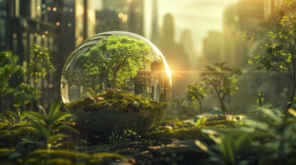 eco business concept. Tree putting in Crystal global Sustainable glass office building with tree for reducing carbon dioxide