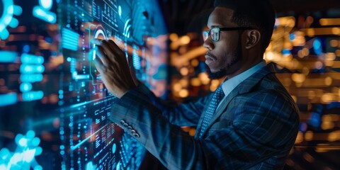 A business executive in a stylish blazer stands before a holographic display