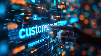 A finger is pointing at the word customer, digital interface with technological glow and data flow
