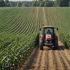 Golden Harvest Tractor Riding Through Lush Cornfield Landscape