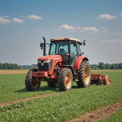 Obraz premium Rural Landscape Tractor in Vibrant Green Field