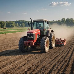 Obraz premium Rural Landscape Tractor in Vibrant Green Field