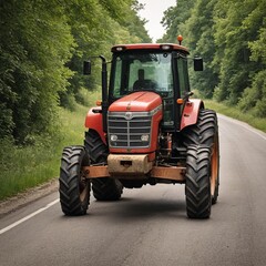 Naklejka premium Rural Charm Vibrant Tractor Journey through Countryside