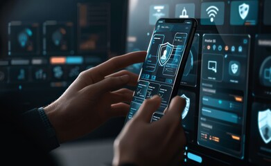A business professional using their smartphone to access digital security features on an interactive screen