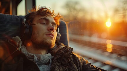 A serene scene of a man wearing headphones, resting his head against the window of a moving train, eyes closed in relaxation, with the blurred outdoor landscape passing by 8K , high-resolution, ultra 