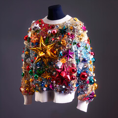An absurdly ugly Christmas sweater with bright balls and a scattering of sequins,party outfit,the concept of a festive costume and an invitation to a party