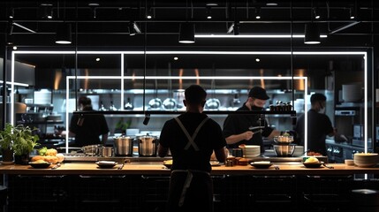 A restaurant setting with a blurred background showing diners at their tables and the kitchen staff, including chefs and waiters, working diligently, capturing the essence of a busy dining service