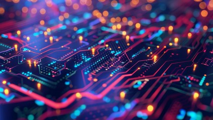 Closeup of an intricate circuit board with glowing lights, representing the complex inner proportions and patterns in technology. The vibrant colors symbolize energy and data flow through connections