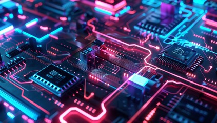 Obraz premium Closeup of an intricate circuit board with glowing lights, representing the complex inner proportions and patterns in technology. The vibrant colors symbolize energy and data flow through connections
