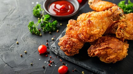 various of fried chicken, with ketchup. copy space. national fried chicken day