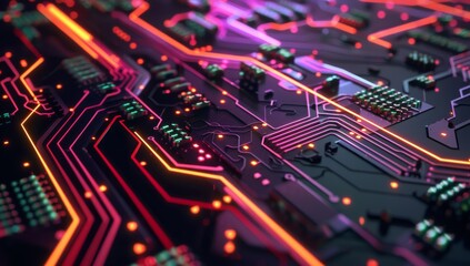 Fototapeta premium Closeup of an intricate circuit board with glowing lights, representing the complex inner proportions and patterns in technology. The vibrant colors symbolize energy and data flow through connections