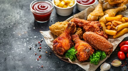 various of fried chicken, with ketchup. copy space. national fried chicken day