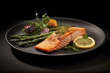 Delicious pan-fried salmon fillet presented with lime and asparagus on a well-organized platter.

