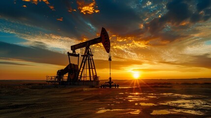 Naklejka premium Oil pump jack in oilfield at sunset 