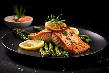 Delicious pan-fried salmon fillet presented with lime and asparagus on a well-organized platter.