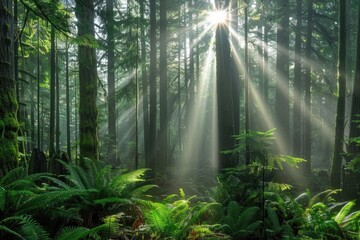 Fototapeta premium Shine: Morning Sun Rays illuminating a Lush Forest in British Columbia, Canada