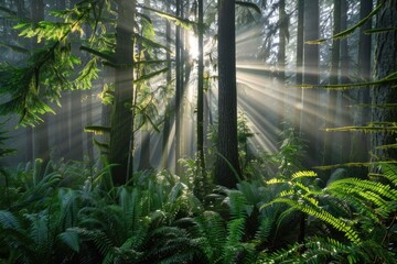 Fototapeta premium Shine Morning Sun Rays Through Lush British Columbia Forest