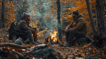 Fototapeta premium Two men relax by a campfire in an autumn forest setting, evoking a sense of adventure and camaraderie