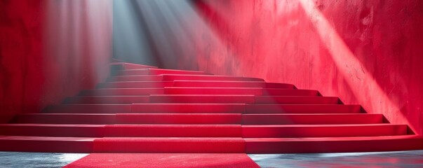 Elegant red carpeted stairs with spotlights shining down creating a dramatic ambiance