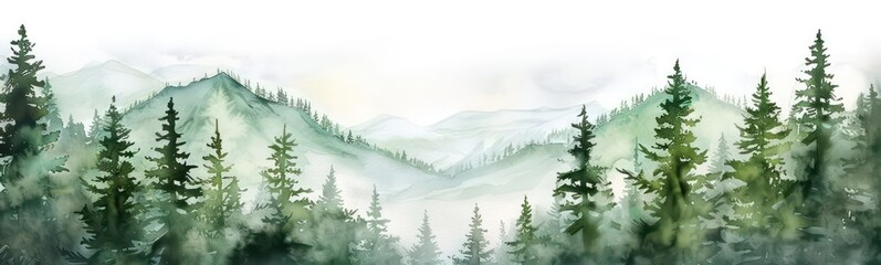 Fototapeta premium Watercolor Forest tree illustration. Mountain landscape. Woodland pine trees. Green Forest