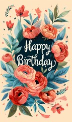 Beautiful floral happy birthday illustration with red and blue flowers