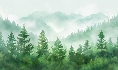 Watercolor Forest tree illustration. Mountain landscape. Woodland pine trees. Green Forest
