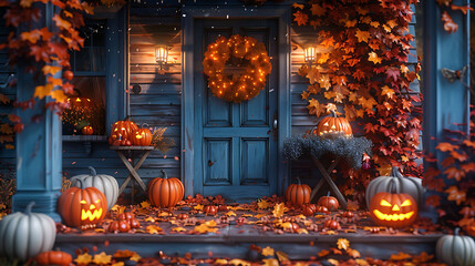 Obraz premium A haunted house porch with a table of Halloween candies and ghostly lights.