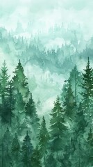 Watercolor Forest tree illustration. Mountain landscape. Woodland pine trees. Green Forest