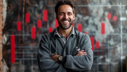 Obraz premium Casual young male with a stethoscope smiling confidently in front of a screen displaying financial data and graphs